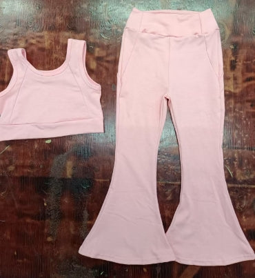 Preorder moq 5 Baby Girls Pink Sleeveless Vests Top Bell Bottom Pant Sets