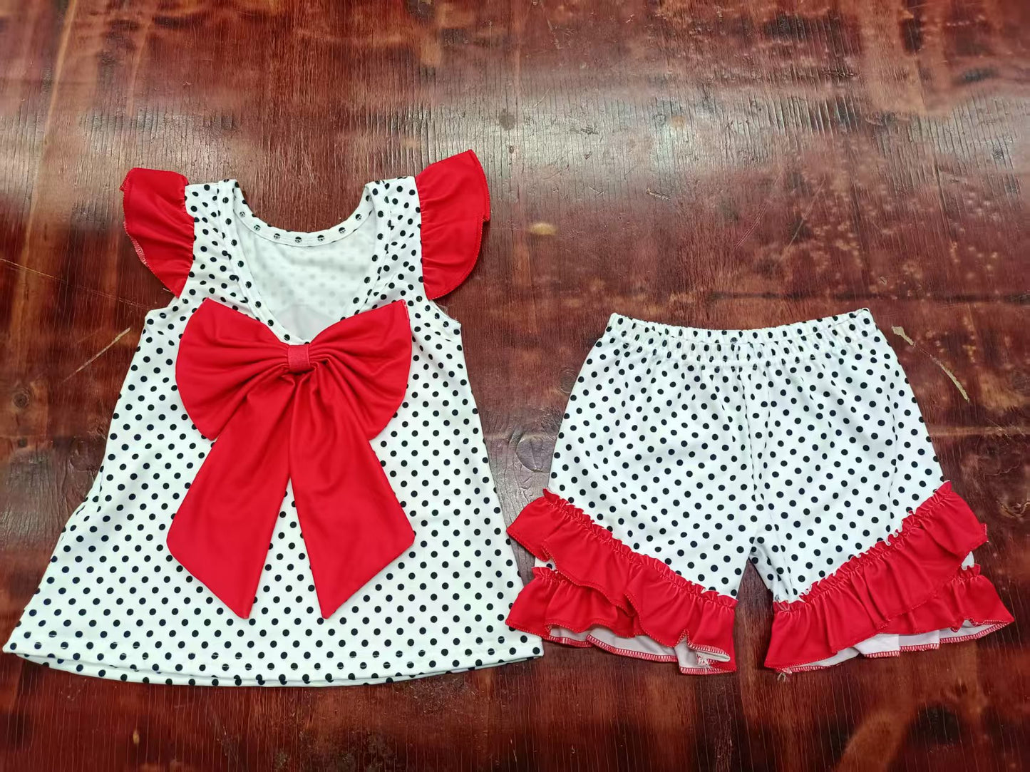 Preorder moq 5 Baby Girls Red Flutter Sleeves Polka Dots Dog Bow Tunic Ruffle Short Set