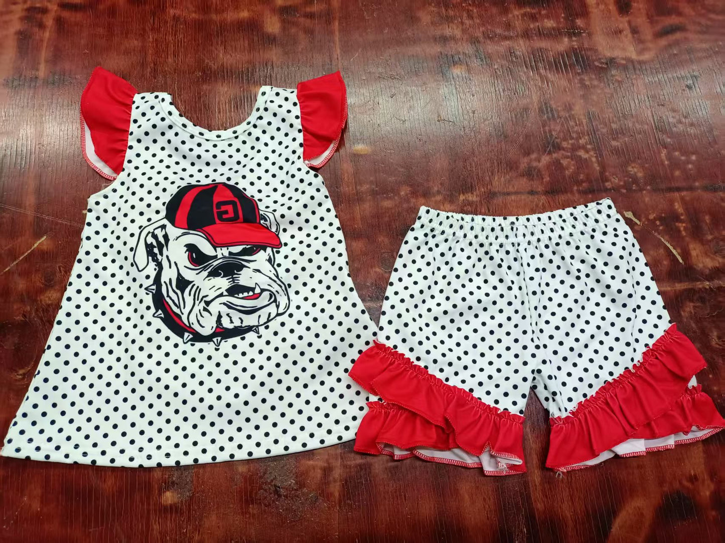 Preorder moq 5 Baby Girls Red Flutter Sleeves Polka Dots Dog Bow Tunic Ruffle Short Set