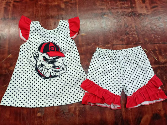 Preorder moq 5 Baby Girls Red Flutter Sleeves Polka Dots Dog Bow Tunic Ruffle Short Set