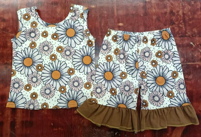 Preorder moq 5 Baby Girls Sleeveless Daisy Flowers Top Ruffle Short Set