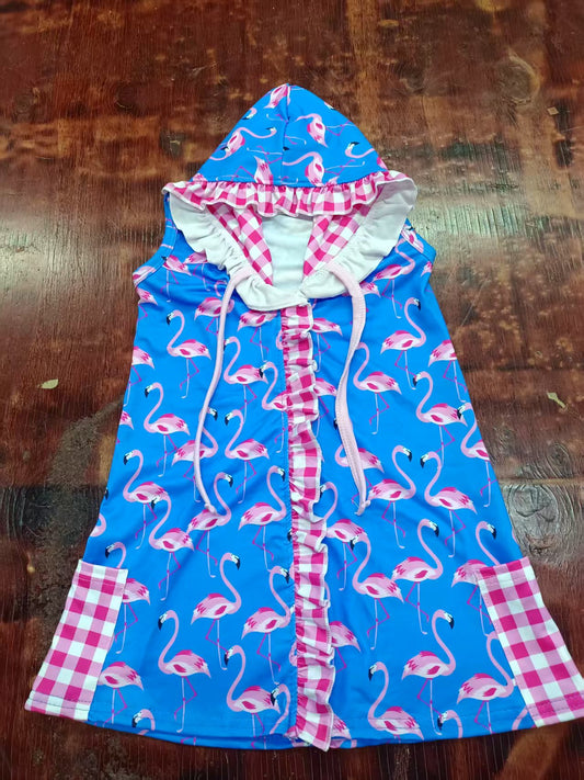 Preorder moq 5 Baby Girls Blue Sleeveless Flamingos Pink Plaid Pockets Zipper Dresses