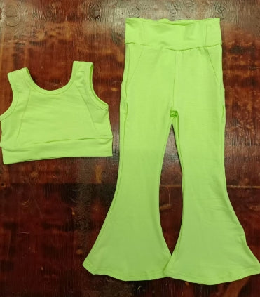 Preorder moq 5 Baby Girls Green Sleeveless Vests Top Bell Bottom Pant Sets