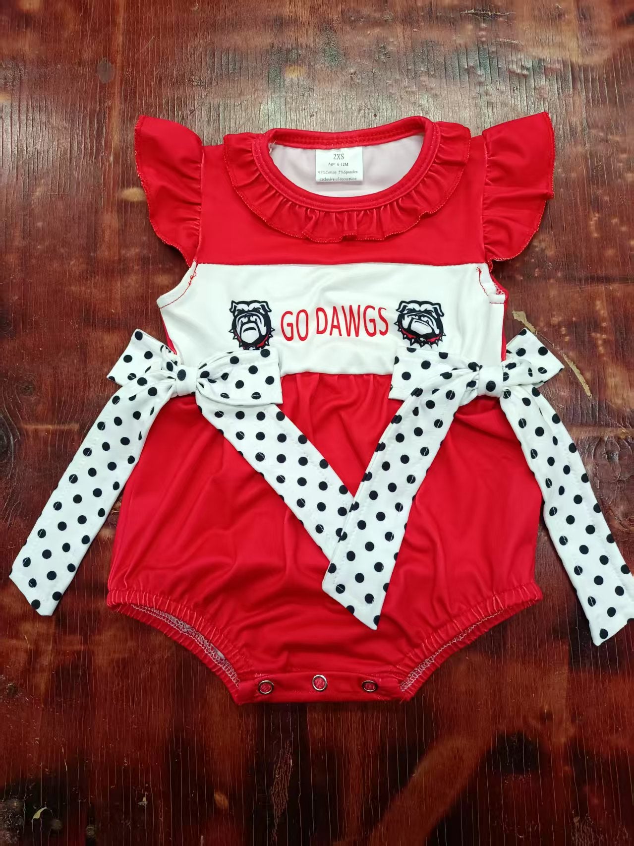 Preorder moq 5 Baby Girls Red Flutter Sleeves Go Dawgs Dogs Polka Dots Bows Ruffle Rompers