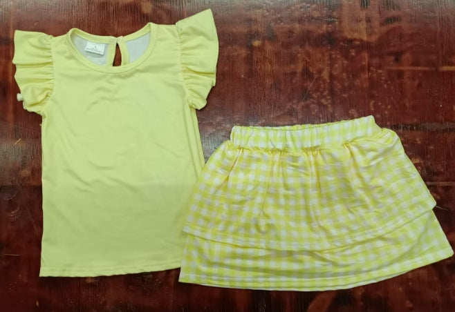 Preorder moq 5 Baby Girls Yellow Flutter Sleeves Top Plaid Skirts Set