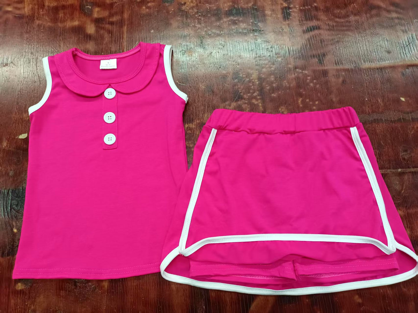 Preorder moq 5 Baby Girls Hot Pink Sleeveless Button Vests Top Short Skirt Set