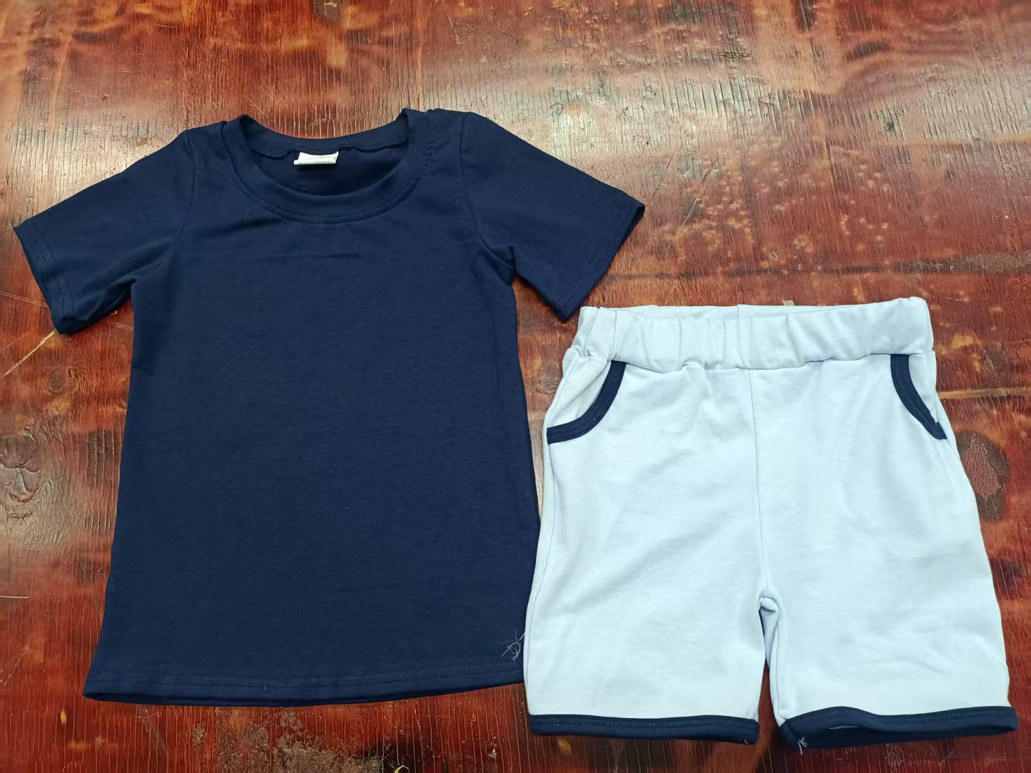 Preorder moq 5 Baby Boys Navy Short Sleeves Top Pockets Short Set