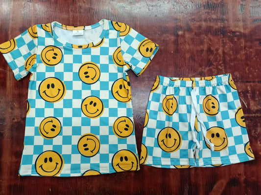 Preorder moq 5 Baby Boys Blue Plaid Short Sleeves Smiles Top Short Pajamas Set