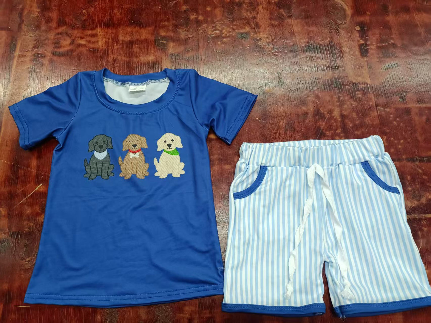 Preorder moq 5 Baby Boys Hot Blue Short Sleeves Dogs Top Stripe Pockets Short Set
