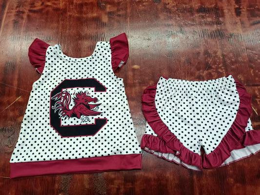 Preorder moq 5 Baby Girls Dark Red Flutter Sleeves Polka Dots C Bow Tunic Ruffle Short Set