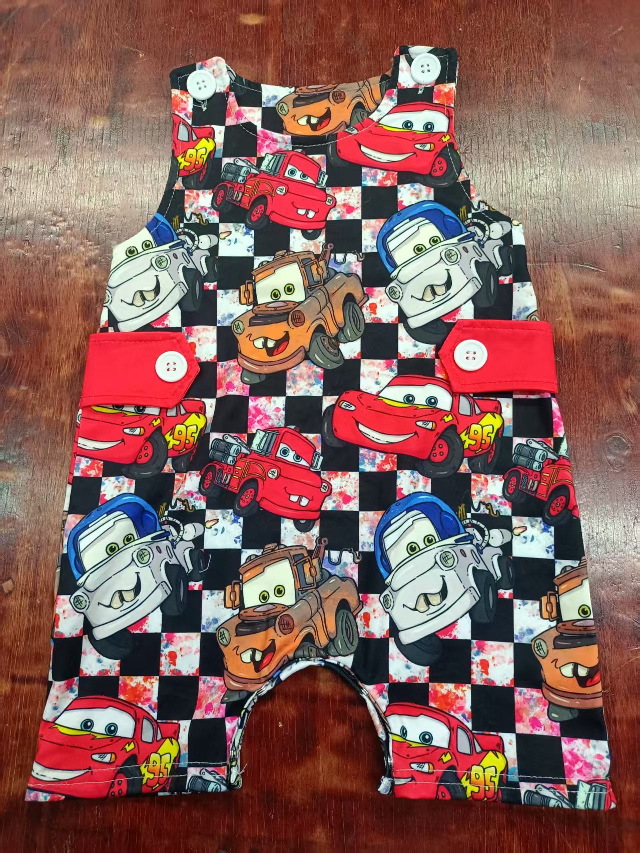 Preorder moq 5 Baby Boys Sleeveless Cartoon Cars Button Rompers