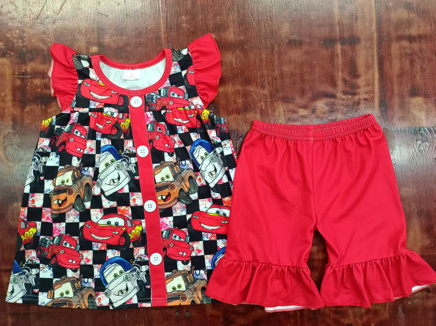 Preorder moq 5 Baby Girls Red Flutter Sleeves Cartoon Cars Button Ruffle Short Set