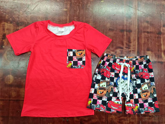 Preorder moq 5 Baby Boys Red Short Sleeves Pocket Top Cartoon Cars Short With Belt Set