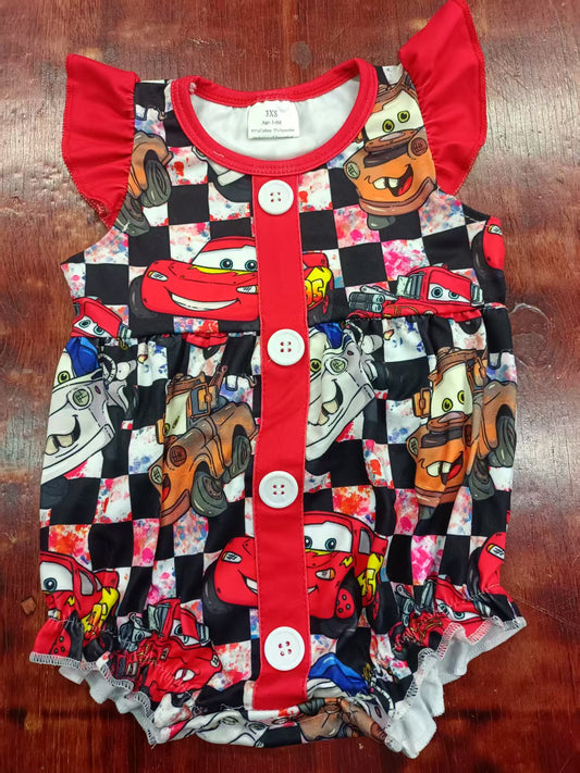 Preorder moq 5 Baby Girls Red Flutter Sleeves Cartoon Cars Button Ruffle Rompers