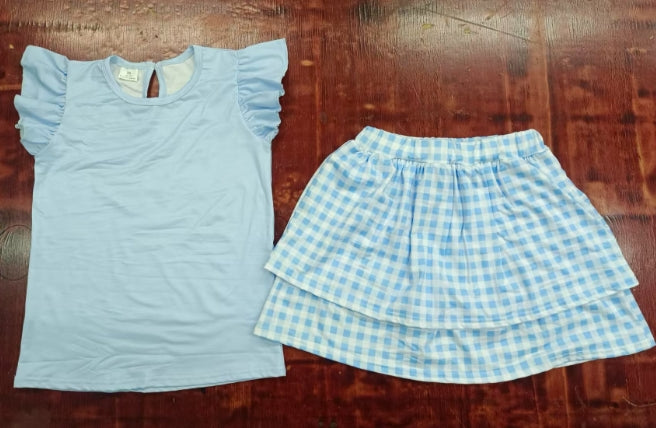 Preorder moq 5 Baby Girls Light Blue Flutter Sleeves Top Plaid Skirts Set