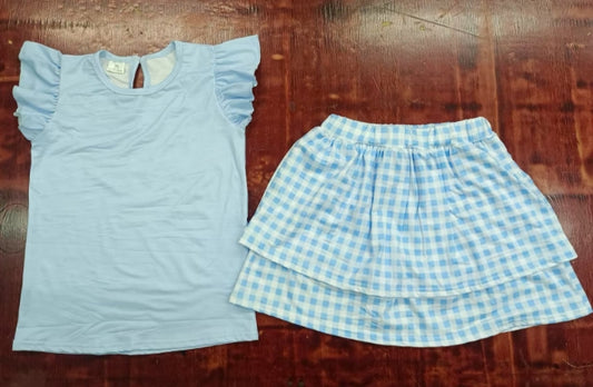 Preorder moq 5 Baby Girls Light Blue Flutter Sleeves Top Plaid Skirts Set