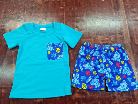 Preorder moq 5 Baby Boys Blue Short Sleeves Pocket Top Back To School Short Set