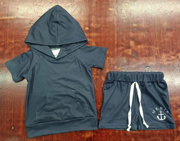 Preorder moq 5 Baby Boys Black Short Sleeves Pocket Hoodie Top Short With Belt Set