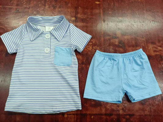 Preorder moq 5 Baby Boys Blue Stripe Pocket Button Pullovers Top Short Set