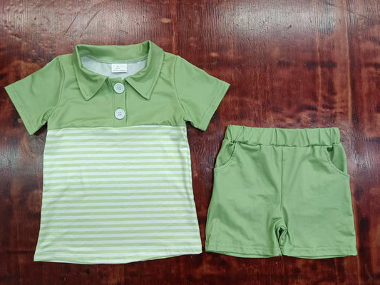 Preorder moq 5 Baby Boys Green Stripe Short Sleeves Button Top Pockets Short Set