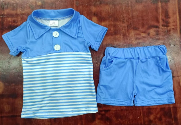 Preorder moq 5 Baby Boys Blue Short Sleeves Stripe Button Top Pockets Short Set