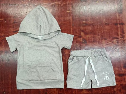Preorder moq 5 Baby Boys Gray Short Sleeves Pocket Hoodies Top Pockets Short Set