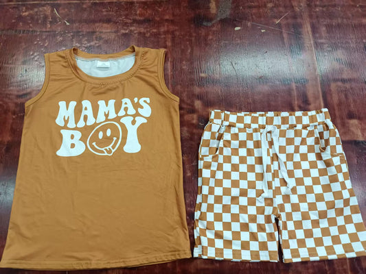 Preorder moq 5 Baby Boys Sleeveless Mama's Boy Vest Top Brown Plaid Pockets Short Set