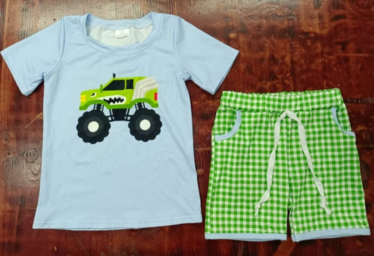 Preorder moq 5 Baby Boys Light Blue Short Sleeves Motor Top Green Plaid Pockets Short Set