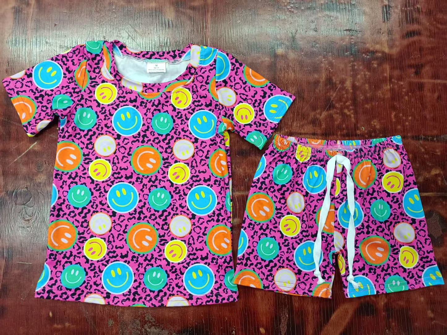 Preorder moq 5 Baby Kids Pink Leopard Colorful Smiles Top Short Pajamas Set