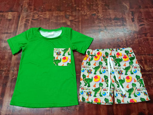 Preorder moq 5 Baby Boys Green Short Sleeves Pocket Top Dinosaurs Short Set