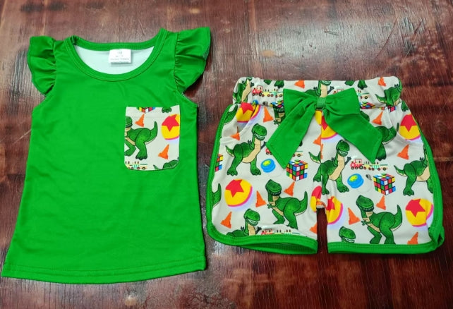 Preorder moq 5 Baby Girls Green Flutter Sleeves Pocket Top Bow Dinosaurs Short Set