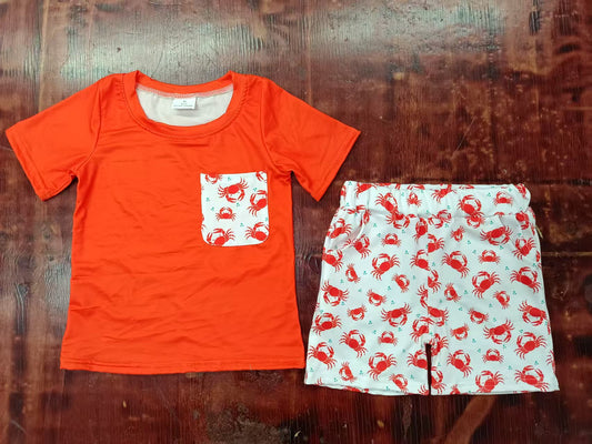 Preorder moq 5 Baby Boys Orange Short Sleeves Pocket Top Crayfishes Short Set