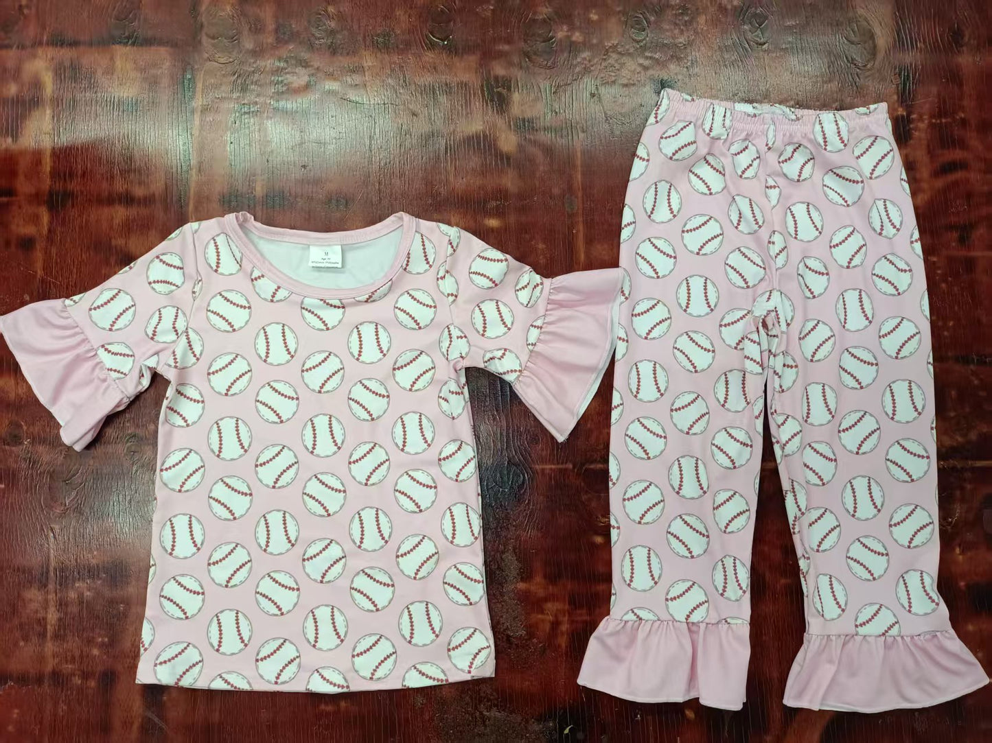 Preorder moq 5 Baby Girls Peach Short Ruffle Sleeves Baseballs Plaid Top Pant Pajamas Set