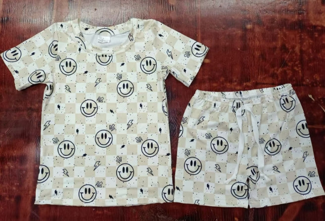 Preorder moq 5 Baby Girls Khaki Plaid Smiles Lightning Top Short Pajamas Set