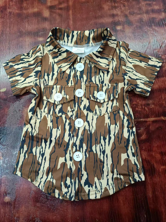 Preorder moq 5 Baby Girls Short Sleeves Olive Camo Button Pockets Shirts Top