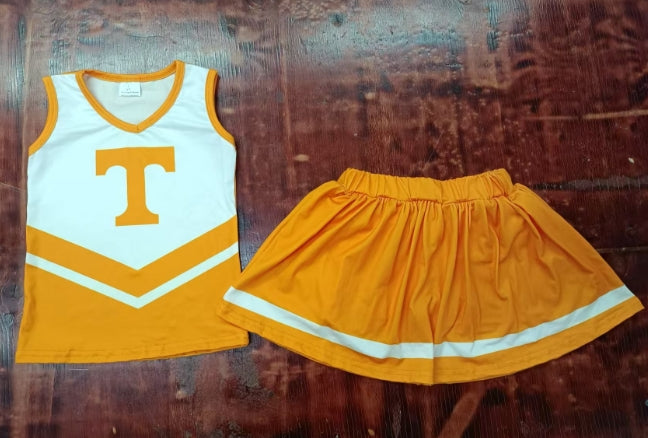 Preorder moq 5 Baby Girls Sleeveless Orange T Vest Top Short Skirts Set