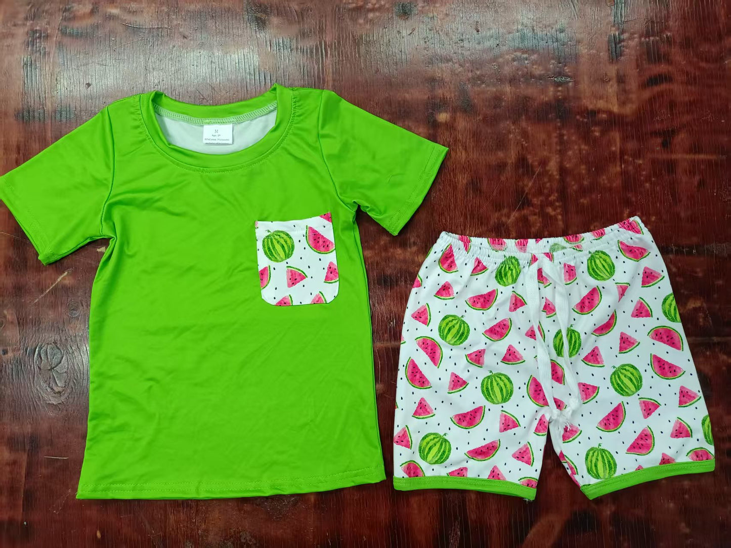 Preorder moq 5 Baby Boys Aqua Short Sleeves Pockets Top Watermelon Short Set
