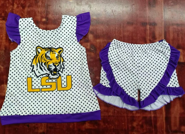 Preorder moq 5 Baby Girls Purple Flutter Sleeves Polka Dots Tiger LSU Tunic Ruffle Short Set