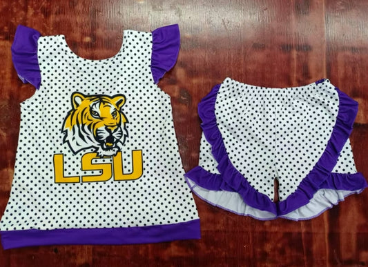 Preorder moq 5 Baby Girls Purple Flutter Sleeves Polka Dots Tiger LSU Tunic Ruffle Short Set