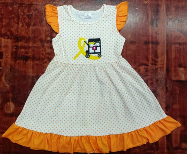 Preorder moq 5 Baby Girls Orange Flutter Sleeves Polka Dots Bus Knee Length Dresses