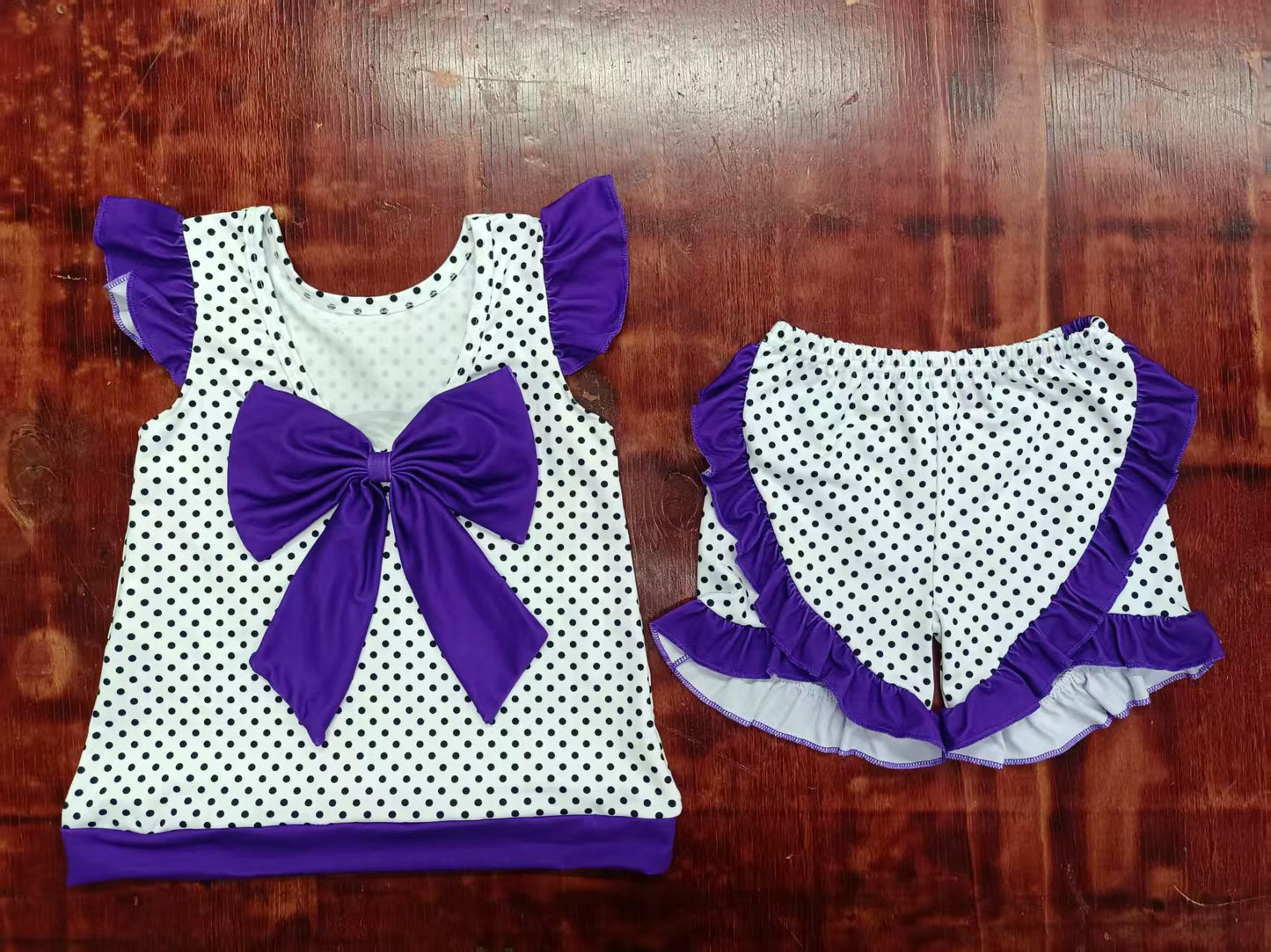 Preorder moq 5 Baby Girls Purple Flutter Sleeves Polka Dots Tiger LSU Tunic Ruffle Short Set