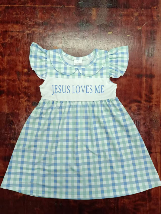 Preorder moq 5 Baby Girls Blue Plaid Flutter Sleeves Jesus Loves Me Knee Length Dresses