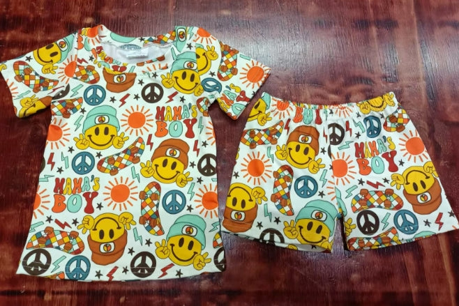 Preorder moq 5 Baby Girls Short Sleeves Smiles Suns Mama's Boy Top Short Pajamas Set