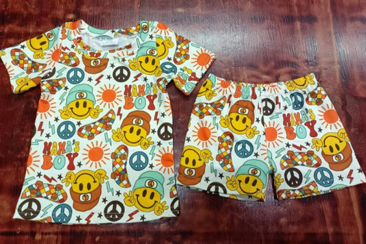 Preorder moq 5 Baby Girls Short Sleeves Smiles Suns Mama's Boy Top Short Pajamas Set