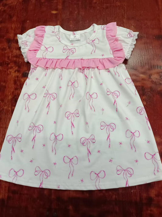 Preorder moq 5 Baby Girls Pink Short Ruffle Sleeves Flowers Bows Knee Length Dresses
