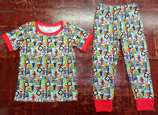 Preorder moq 5 Baby Girls Short Sleeves Cartoon Toy Bricks Top Pant Pajamas Set