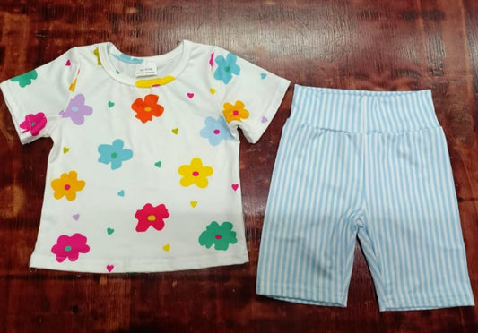 Preorder moq 5 Baby Girls Short Sleeves Colorful Flowers Hearts Top Light Blue Stripe Short Set