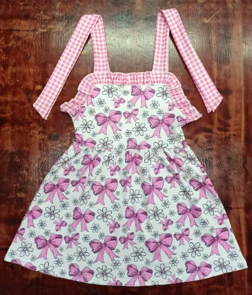 Preorder moq 5 Baby Girls Pink Plaid Strap Bows Flowers Knee Length Dresses
