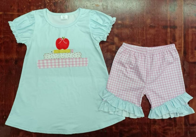 Preorder moq 5 Baby Girls Short Sleeves Apple Pencil Tunic Pink Plaid Ruffle Short Back School Set