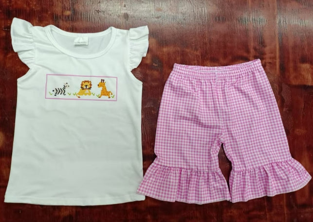 Preorder moq 5 Baby Girls Flutter Sleeves Lion Tigers Top Pink Plaid Ruffle Short Set